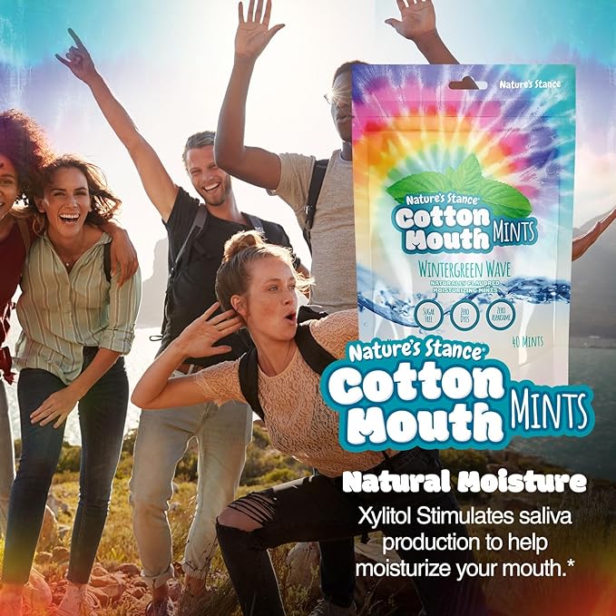 Nature’s Stance Cotton Mouth Xylitol Mints for Dry Mouth Relief - Sugar Free Mints, Stimulate Saliva & Freshen Breath, Throat, Teeth, Gums - Xylitol Lozenges, 40 Count (Wintergreen Wave)
