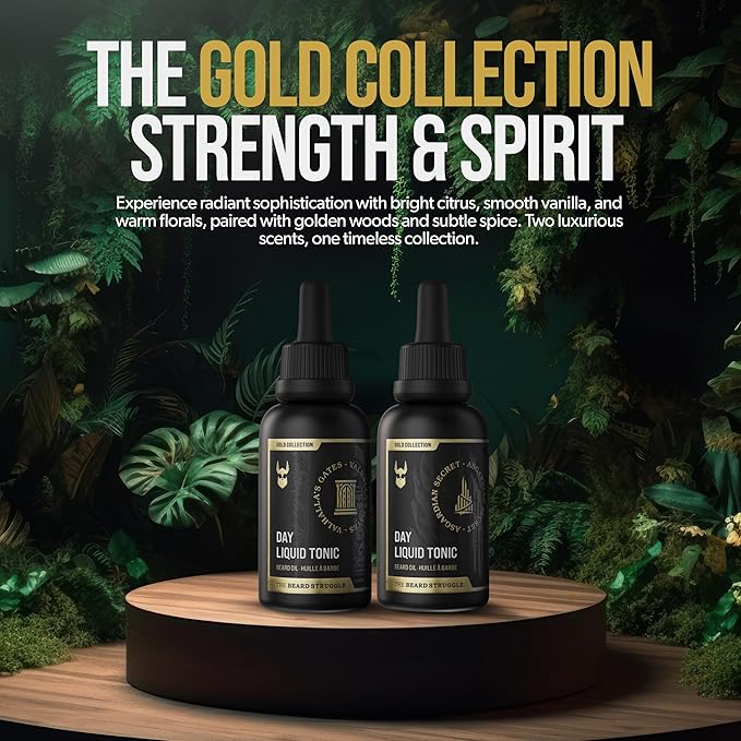The Beard Struggle - Day Liquid Tonic Beard Oil - Gold Collection, Asgardian Secret - Beard Oil for Men - Moisturize, Softens Hair, Reduces Itch - Day Time Beard Growth Oil (1 Fl oz)