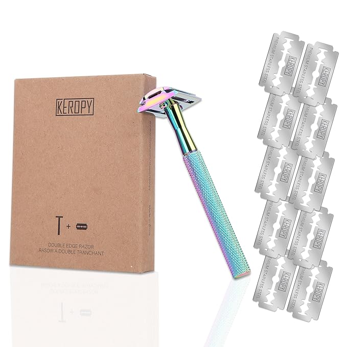 Safety Razor For Man With 10 Premium Stainless Steel Razor Blade Reusable Single Blade Razors For Men and Women, Double Edge Razor, Rainbow