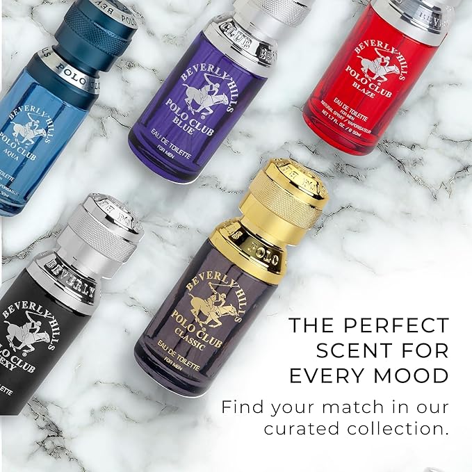 Beverly Hills Polo Club BHPC Blue Men's Eau De Toilette Bonus Pack | 1.7oz EDT Spray + Portable Travel Pocket Spray | Signature Long-Lasting Freshness for Everyday Sophistication