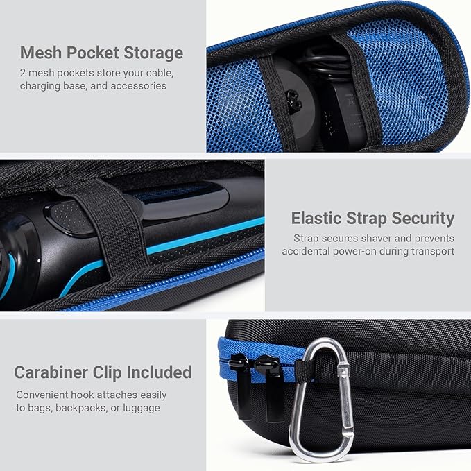 Nincha Electric Razor Case for Braun Series 3, 5, 7, 9 Shavers, Hard Shell EVA Travel Case with Charger Storage, Shaver Protective Carrying Case with Carabiner, Black&blue, 18.8 x 18 x 3.8 cm
