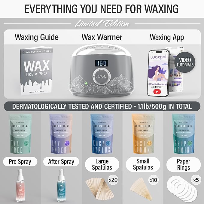Tress Wellness Waxing Kit for Sensitive Skin – Safe for Face & Skin, Prep & Aftercare Spray, Easy to Use – At-Home Kit for Face, Bikini, Brazilian & Full Body - Digital Display, Grey Mountain