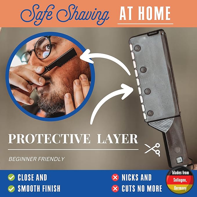 Homie Patented Straight Edge Razors for Men, Close Shaving Razor for Beard with 11 Disposable Blades, Easy to Use and Replace Single Edge Razor Blades with Protective Layer & Safety Lock -Barber Black
