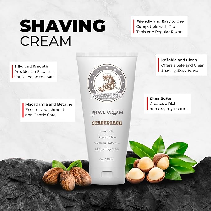 Bossman Liquid Silk Shave Cream for Men – Sensitive Skin Formula, Smooth Glide, & Soothing Protection – Moisturizing Finish (Stagecoach Scent)
