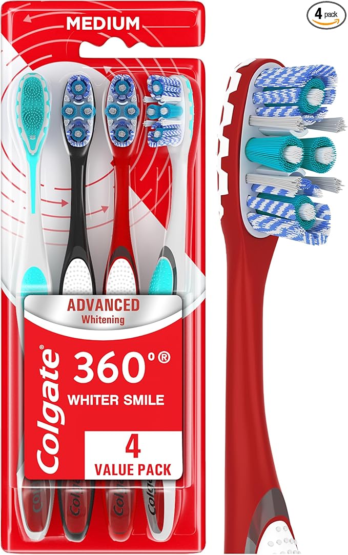 Colgate 360 Advanced Whitening Medium Toothbrush Pack, 4 Adult Medium Toothbrushes with Cheek and Tongue Cleaner, Helps Clean Your Teeth, Tongue, Cheeks, and Gums, 4 Pack