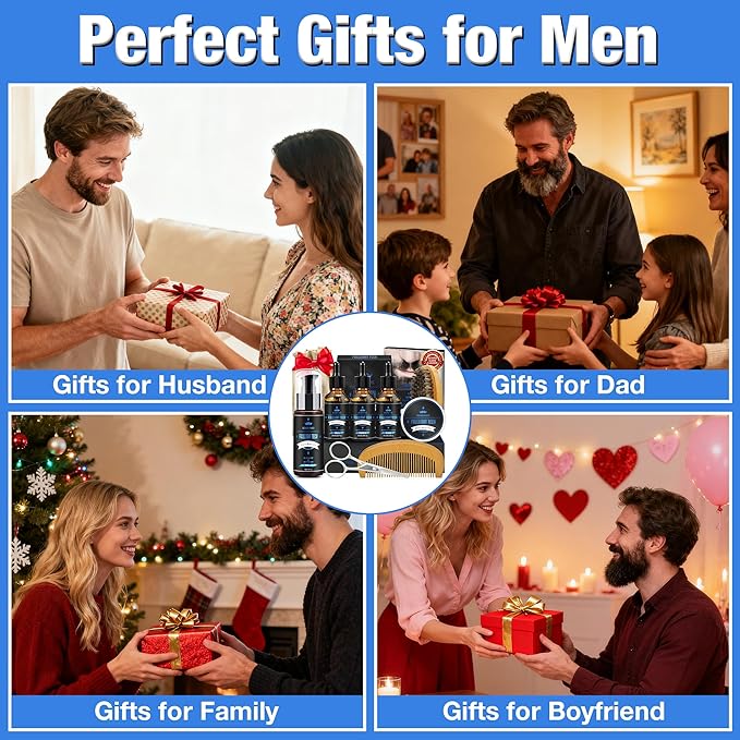 Husband Birthday Gifts,Beard Kit Includes 3 Scented Beard Oil,Vanilla Beard Shampoo & Balm, Brush, Comb,Scissors,Beard Care & Grooming Men Christmas Stocking Stuffers Gifts for Men Him Dad Boyfriend