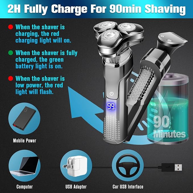 Men's Electric Razor, Upgraded 4D Floating Magnetic Blade Head Rotary Shaver, 3-in-1 Multifunctional for Beard/Nose/Sideburns, IPX7 Waterproof Rechargeable Cordless Shaver, Turbo Speed, Gift for Men
