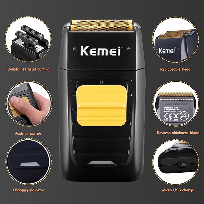 KEMEI Professional Hair Trimmer for Men Cordless, Foil Shaver with Replacement Heads & Nets, Zero Gapped Hair Clippers with T Blade, Electric Head Shavers for Bald Men, KM 2299, KM 1102