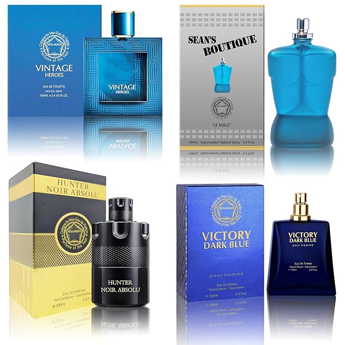 Cologne for Men Set (100ml x 4PCS Variety Pack Vintage Heroes,Victory Dark Blue,Sean's Boutique,Hunter Noir) Eau De Perfume Notes of Woody, Spicy, Citrus & Aromatic Long Lasting Perfume for Men