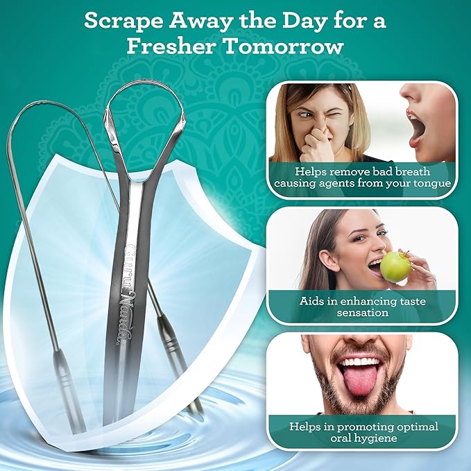 GuruNanda Spoon & U-Shaped Tongue Scraper Variety Pack (4 Pack) with Travel Case, 420 Medical Grade Stainless Steel, Promotes Fresh Breath & Oral Care