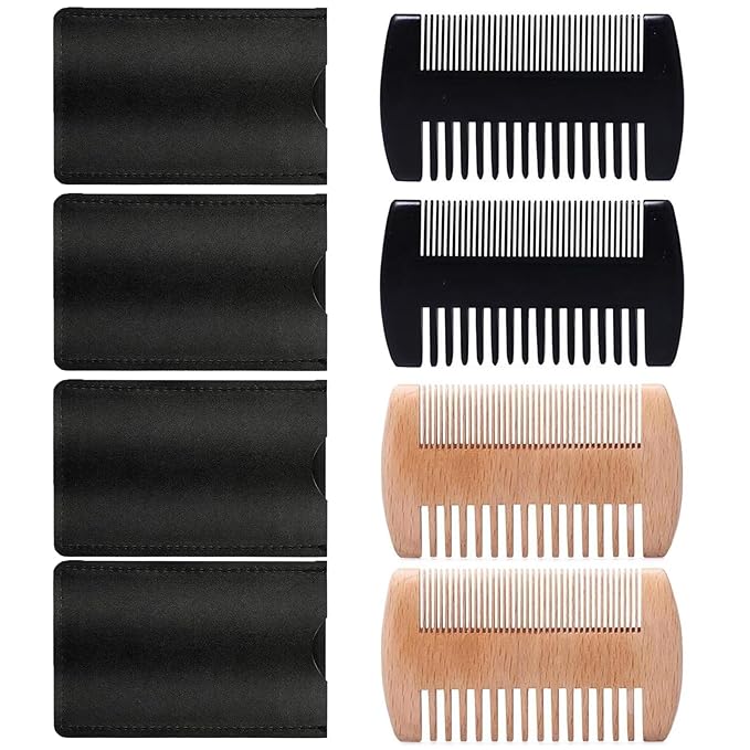 4 Pack Double-Sided Pocket Comb, Wooden Dual Action Beard and Mustache Comb Set with Leather Cases for Beards and Mustaches (Black lacquer finish*2, Beech wood finish*2)