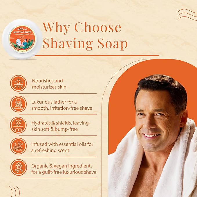 Satthwa Organic Shaving Soap Puck infused with Neroli, Lemon & Orange | Create the Perfect Lather | Excellent for Silky Smooth Shaves | Hydrates and Shields, 50g (1.7oz)