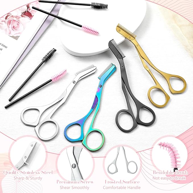 4 Pack Eyebrow Trimming Scissors with Combs, Stainless Steel Eyebrow Trimmers for Women Men Gifts, Brow Trimming Tool Beard Trimmer (Gray,Black,Rainbow,Gold)