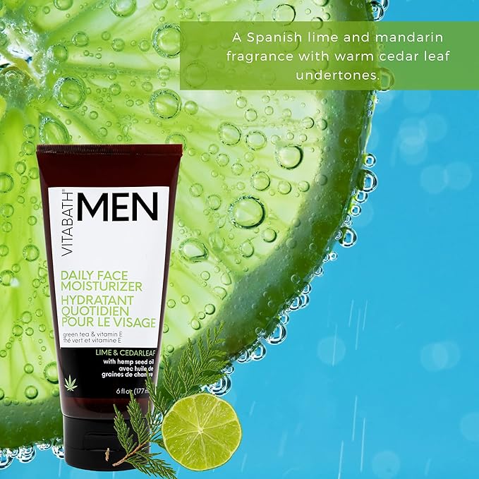 Vitabath Men's Reviving Face Cream Moisturizer - Hydrating Moisturizing Skincare for Him Helps Replenish Dry Skin & Reduce the Look of Wrinkles, Bags, Fine Lines - Lime & Cedarleaf - 6 fl oz