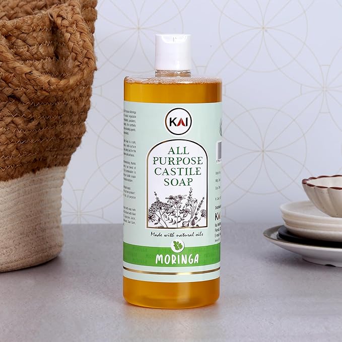Moringa Liquid Castile Soap; Concentrated and All-Purpose; Use for All Natural Body Wash, Face Cleanser, Hair Shampoo, Hands, Dishes, Laundry, Floors, and Pets; 32 Ounce (1 Pack)