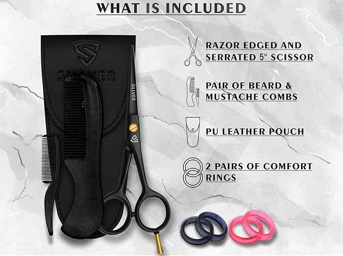 Professional Mustache Scissors 5 Inch, Razor Edged and Serrated, Beard Comb, Mustache Comb, Pouch -Beard Trimming Scissors for All Facial Hair– Grooming Scissors