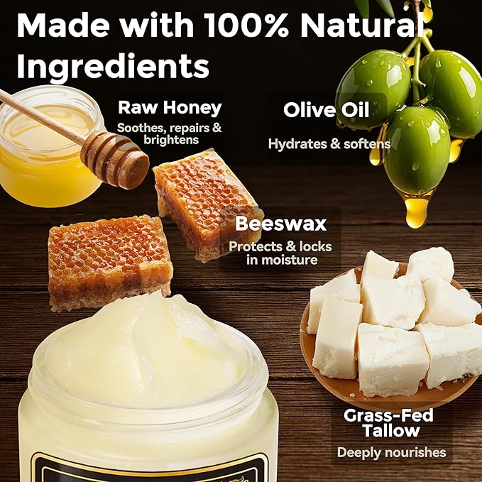 Beef Tallow and Honey Balm for Face, All-Natural Tallow and Balm for Face & Body, Grass-Fed Tallow with Raw Wild Honey, Ultra-Hydrating Moisturizer for Men and Women