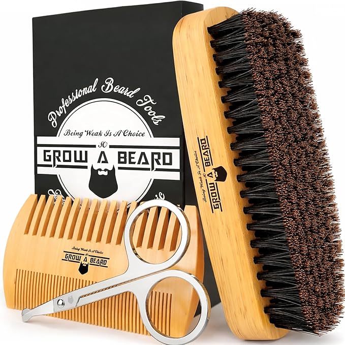 Beard Brush for Men with Beard & Mustache Comb Set, Beard Grooming & Care Kit, Natural Boar Bristle Brush, Dual Action Wood Comb, Grooming Scissors, and Travel Bag, Great Fathers Day, Dad & Men Gifts