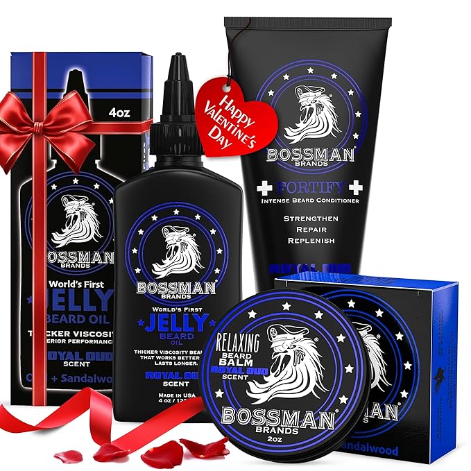 Bossman Essentials Beard Kit for Men, Set of 3 - Beard Oil Jelly, Fortifying Conditioner Cream, Beard Balm - Grooming Growth Care Accessories - Gift Set for Men (Royal Oud)