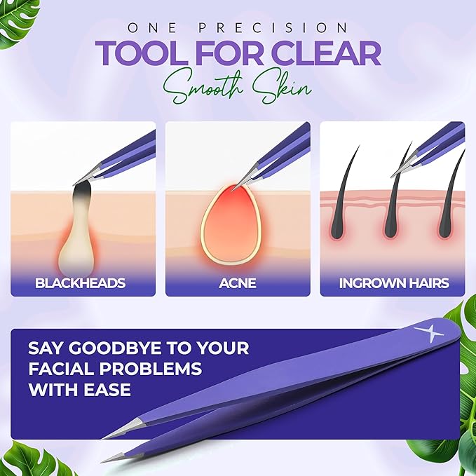 Pointer Stainless Steel Tweezers Women & Men Precision Eyebrow Tweezers for Facial Hair, Fine Tip Strong Grip Professional Tweezer for Eyebrow Shaping, Ingrown Hair & Splinter Removal (Purple)