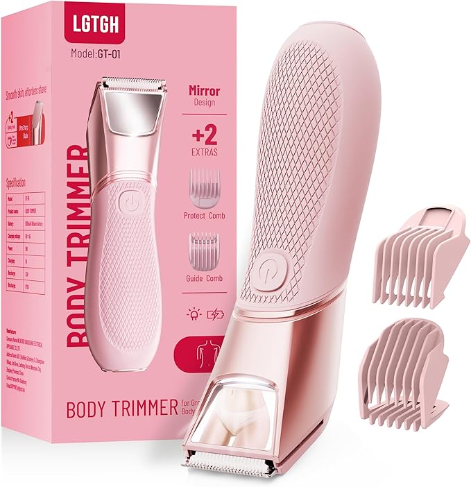 Bikini Trimmer for Women: Pubic Hair Razor with Mirror & LED Light, Electric Shaver with Travel Lock & Ceramic Blades - Body Groomer IPX7 Waterproof Use for Legs/Arm/Underarm - Dusty Pink