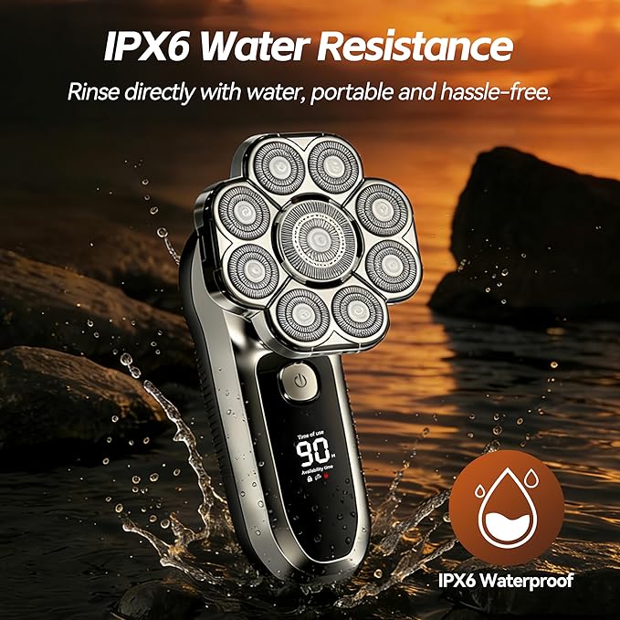 6-in-1 Electric Head & Body Hair Shaver - Mens Cordless Rechargeable Wet/Dry Skull Bald Head Back & Groin Waterproof Razor with Rotary Blades, Clippers, Nose Trimmer, Brush, Massager