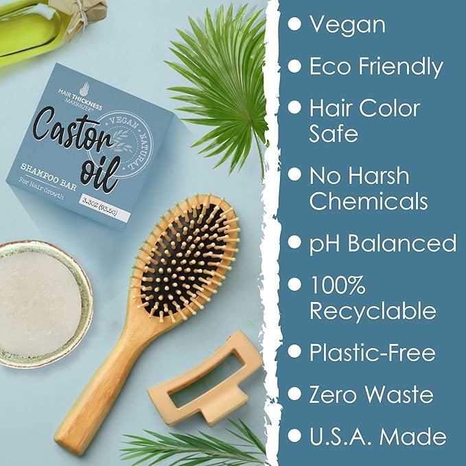 Castor Oil Shampoo Bar for Hair Growth. Eco-Friendly, No Harsh Chemicals, Color Safe, pH Balanced. Solid Shampoo Bar Equal to 3 Liquid Bottles. Zero Plastic, USA Made, Strengthening & Dry Hair Relief