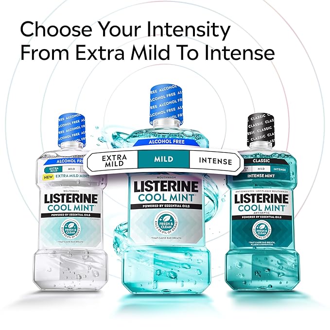 Listerine Cool Mint Intense Antiseptic Mouthwash, Daily Oral Rinse Kills 99.9% of Germs That Cause Bad Breath, Plaque and Gingivitis. for a Fresh, Clean Mouth, Intense Mint Flavor, 250 mL/ 8.5 Fl.Oz.