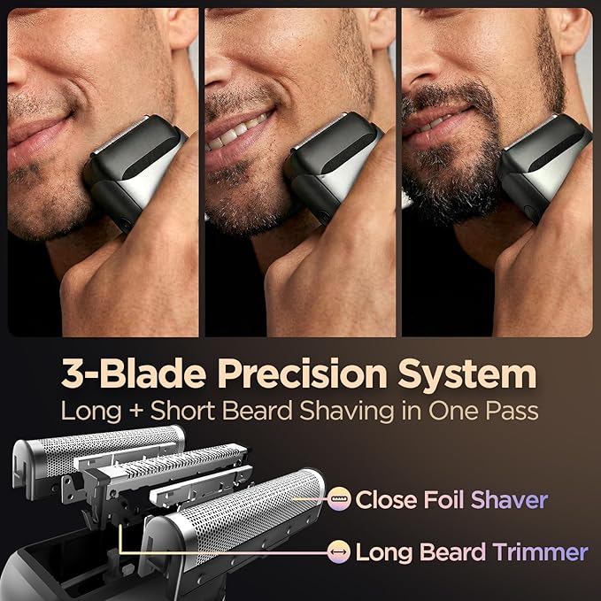 Yineel VT100 Electric Foil Shavers for Men, Pocket-Sized with Case, Mini Electric Razor for Close Face Shaver, 3 Floating Blades, IPX7 Waterproof & Travel-Friendly/Home Use, Gifts for Men