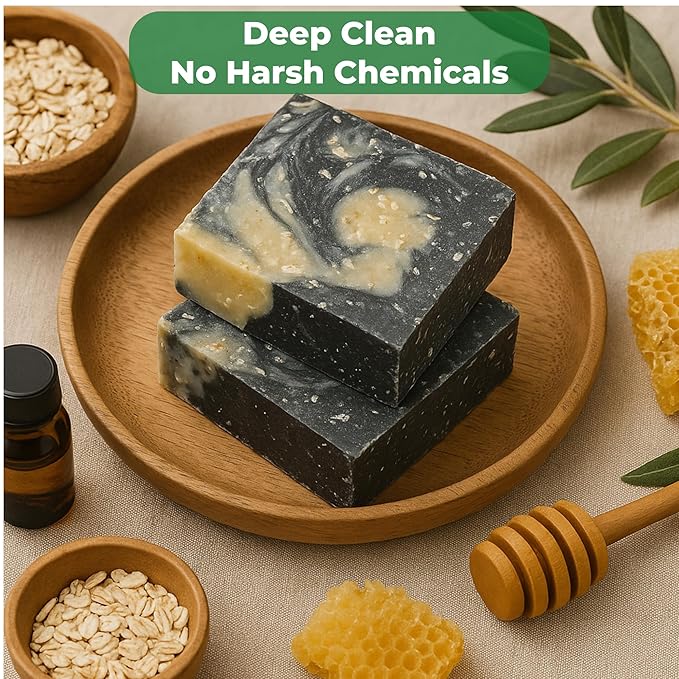 Natural Soap Bar with Beeswax, Charcoal & Shea Butter - Made in USA | Cold Process All Natural Soap Bar for Face, Body & Hands | Deep Cleansing Bar Soap with Coconut for Gentle, Moisturizing Care