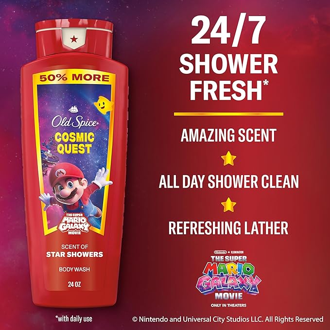 Old Spice Body & Face Wash for Men, x The Super Mario Galaxy Movie, 3X Defense, 24/7 Shower Fresh with Long Lasting Scent, Smell Super with Cosmic Quest, Star Showers Scent, 24 oz