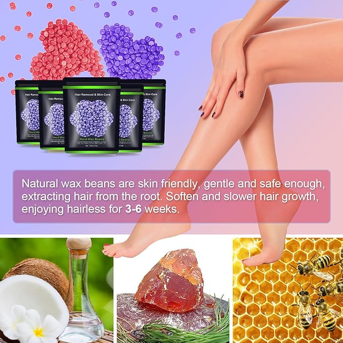 Wax Beads for Hair Removal 1.1 lb (17.6 oz), Hard Wax Beads for Sensitive Skin - Brazilian, Face, Bikini, Legs, Eyebrow, Painless Waxing Beads Kit for Women Men, 5 Packs with 10 Wax Sticks