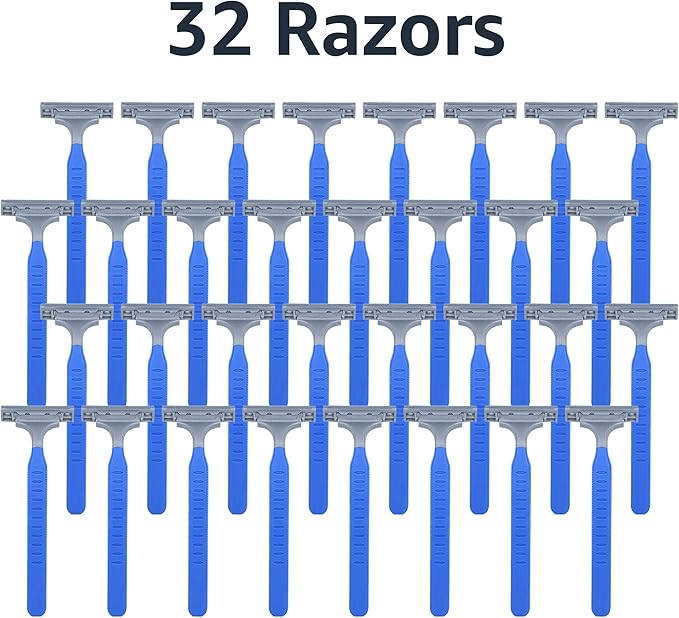 Amazon Basics Twin Blade Pivoting Disposable Razors with Rubber Grip for Great Grip When Wet, Travel-Friendly, 32 Count, 1-Pack (Previously Solimo)