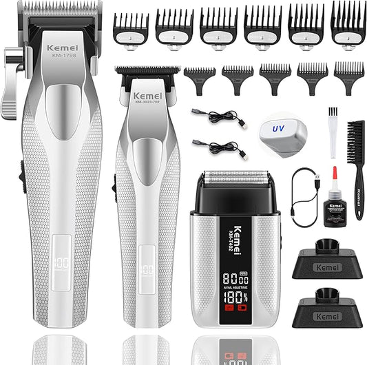 KEMEI Hair Clippers for Men with Full Metal Body, Rechargeable Barber Clippers and Trimmers Set with LED Display, Electric Foil Shavers with UV Cover, KM 3023-702, KM 1798, KM T402