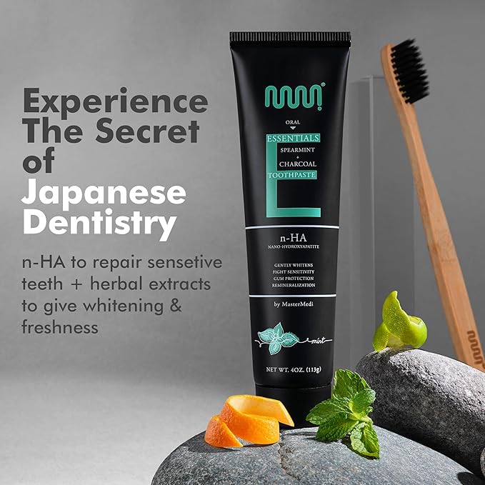 MasterMedi Nano Hydroxyapatite Whitening Toothpaste with Xylitol, Charcoal & Spearmint – Fluoride & SLS Free, Remineralizing Formula for Sensitive Teeth, Enamel Repair, 4 oz (Pack of 3)