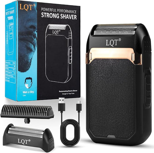 LQTⓇ Mini Foil Shaver, Portable Cordless Electric Shaver for Men, Equipped with a Set of Replacement Heads, USB-C Charging Cable, and Cleaning Brush, Suitable for Travel and Home use (Black)