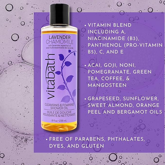 Vitabath Lavender Chamomile Cleansing & Foaming Shower Oil Nourishing Body Wash & Hydrate Daily Essential Dry Skin Quench for Women & Men - 8 fl oz