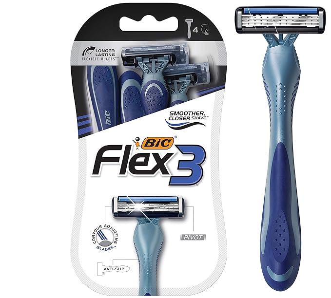 BIC Flex 3 Men’s Disposable Razors With 3 Blades, For a Smooth and Comfortable Shave, 4 Piece Razor Kit for Men