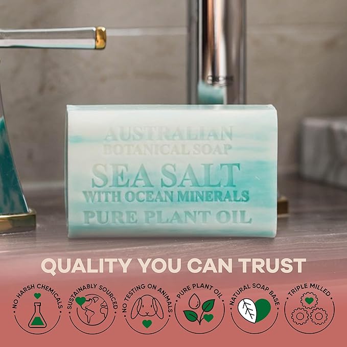 Australian Botanical Soap Sea Salt with Ocean Minerals 6.6 oz Triple Milled Luxury Soap Bar Enriched with Shea Butter, Suitable for Men, Women and All Skin Types, Pack of 1