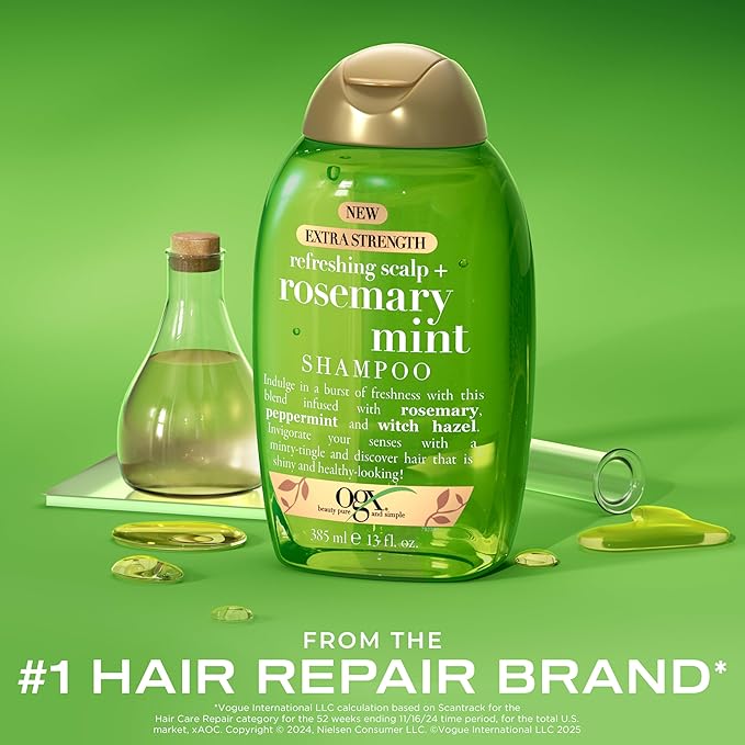OGX Extra Strength Refreshing Scalp + Rosemary Mint Shampoo,Clarifying Shampoo for Oily Hair Visibly Helps Remove Oil & Residue to Clear Away Buildup,Sulfate-Free Surfactants,13 fl. oz,(Pack of 2)