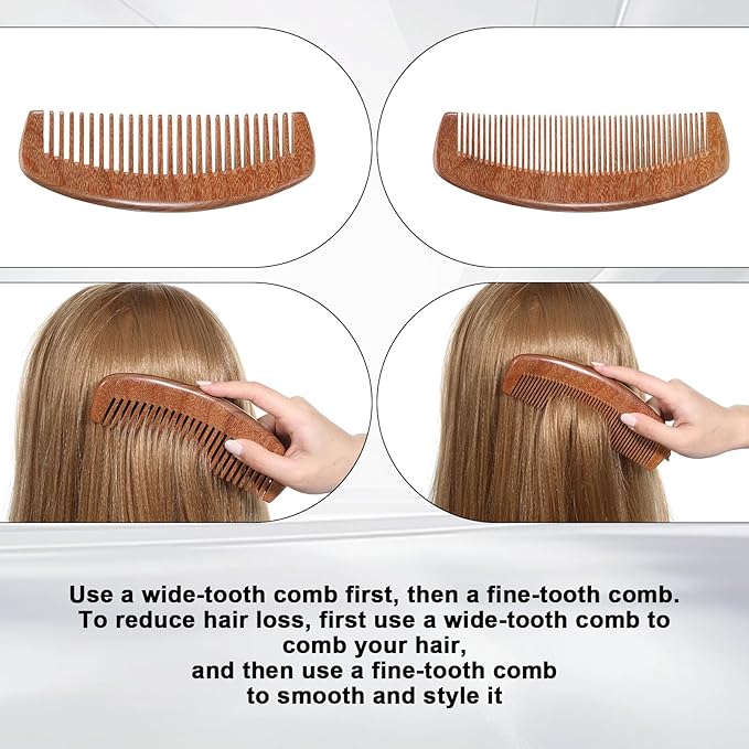 Wooden Comb for Women, 2 Pieces Wooden Hair Combs Natural Sandalwood Fine Tooth Beard Comb Anti-Static Wide Tooth Detangling Combs for Women Men Curly Straight Hair