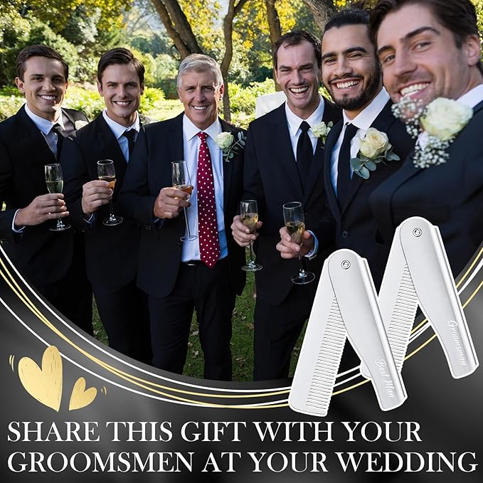 6 Pcs Groomsmen Gifts Folding Beard Comb for Men with Opener Groomsmen Gift Set of 6 Best Man Proposal Gift Combs Hair Mustache for Wedding Party Favor Grooming Detangling(Silver,Stainless Steel)