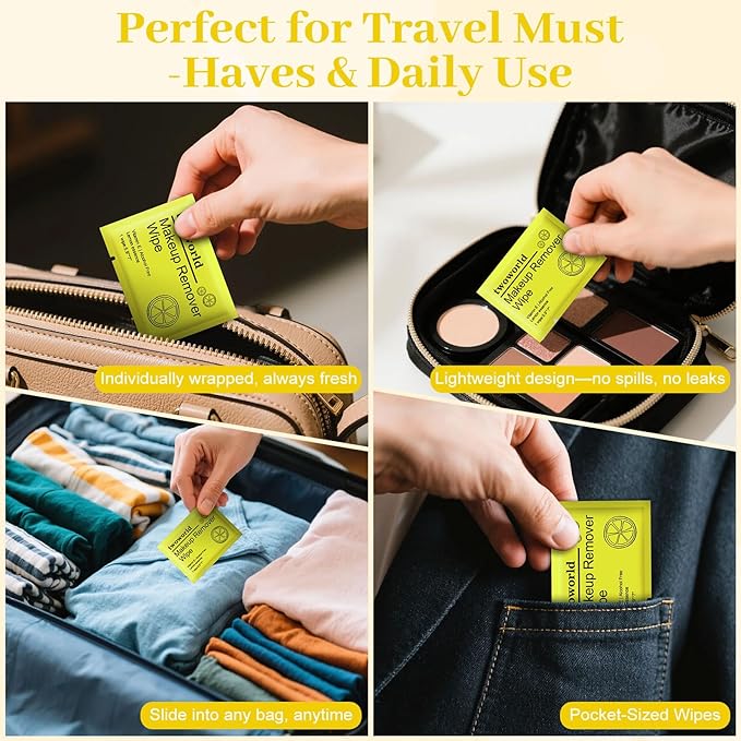 Makeup Remover Wipes Bulk Individually Wrapped,Travel Makeup Wipes Gentle for Face Cleansing Mascara Lipstick Travel Hotel（lemon,pack of 50)