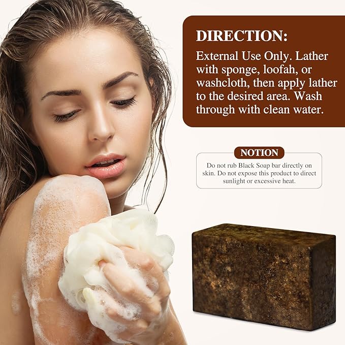 African Black Soap, 100% Pure & Natural, With Raw Shea Butter, Palm Kernel Oil and Cocoa Pods Ash for Dry & Oily Skin Care, Supports Acne & Eczema Treatment, 1 LB (16 oz)