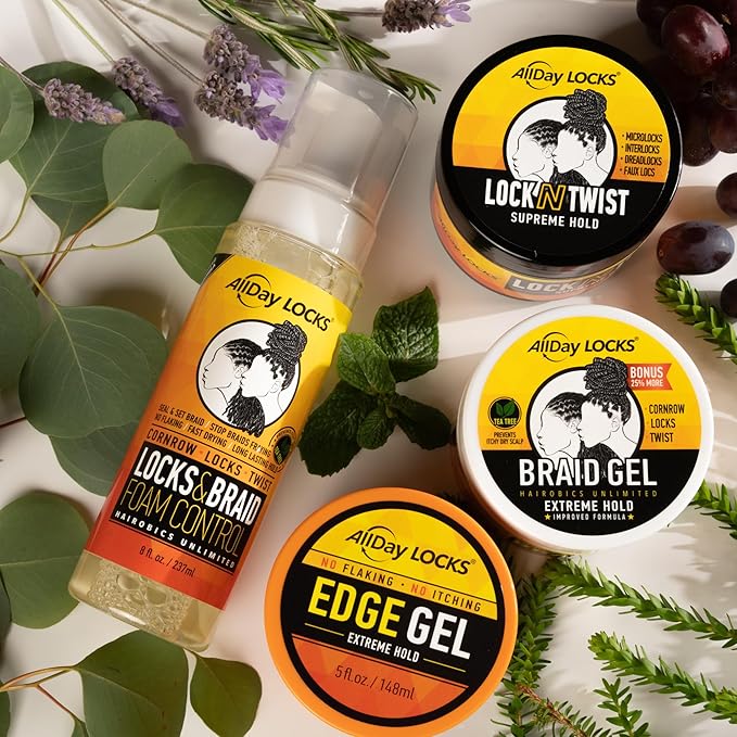AllDay Locks Braid Gel (10 oz) | Extreme Hold, High Shine | Frizz & Flake-Free Edge Control | Tea Tree, Lavender, Peppermint Oil | Slick & Style Braids, Locks, Twists, Cornrows | 10 oz