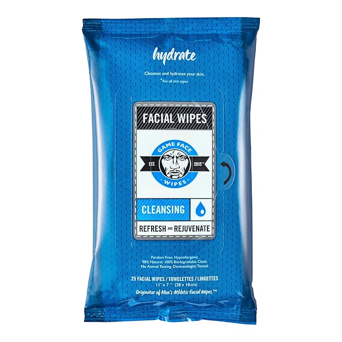 Game Face Grooming Cleansing Wipes - 25 Hydrating Facial Wipes (3 Pack) | On-The-Go, Lightly Scented, Rejuvenating, Eradicates Sweat | Perfect for Athletic, Sport, Travel, Camping, Festivals, Any Need