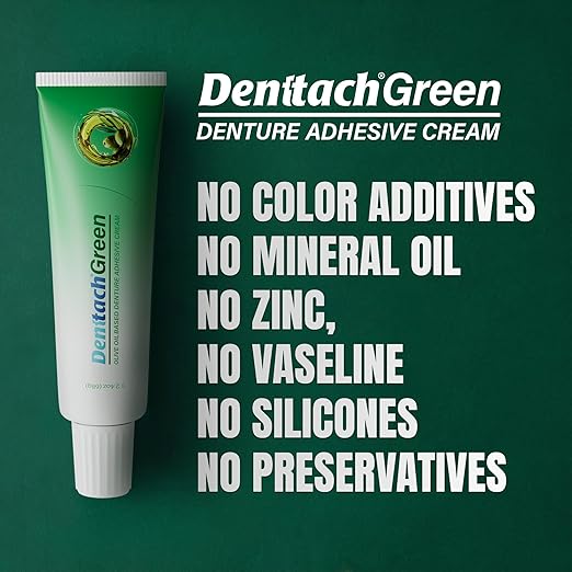 Denttach Green Denture Adhesive, Petroleum Free Olive Oil Based Denture Cream for Full and Partial Dentures, All Day Secure Hold Premium Denture Glue, Zinc Free, 2.4 Ounce