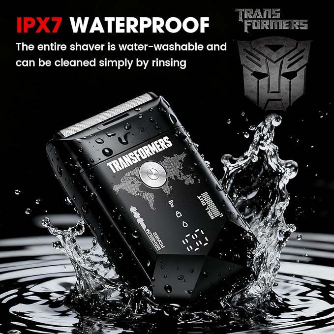 Transformers Electric Foil Shaver for Men, Hasbro Portable Electric Shaver with Dual Floating Blades & LED Display Electric Razor for Men with 2 Gears Adjustable IPX7 Waterproof USB Type C