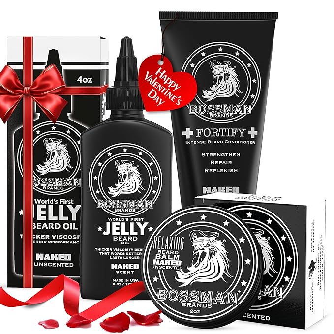 Bossman Essentials Beard Kit for Men, Set of 3 - Beard Oil Jelly, Fortifying Conditioner Cream, Beard Balm - Grooming Growth Care Accessories - Gift Set for Men (Naked - Unscented)