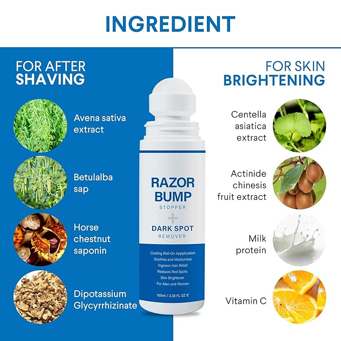 Razor Bump Stopper with Ingrown Hair Treatment: Razor Bumps Treatment for Men and Women, After Shave Solution for Ingrown Hairs and Razor Burns, Roll on Applicator - 3.38 Fl Oz